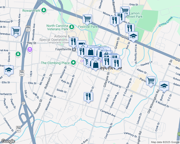 map of restaurants, bars, coffee shops, grocery stores, and more near 148 Maxwell Street in Fayetteville