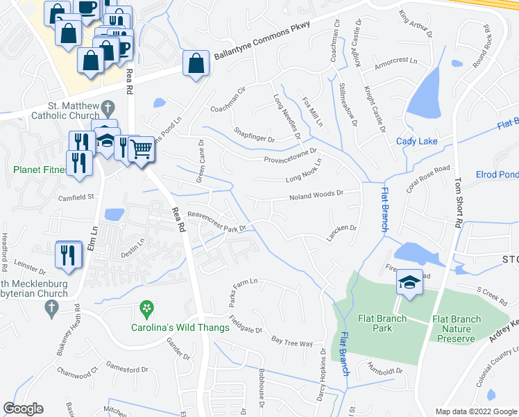 map of restaurants, bars, coffee shops, grocery stores, and more near 10614 Moberly Court in Charlotte