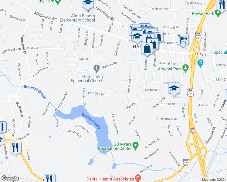 map of restaurants, bars, coffee shops, grocery stores, and more near 1432 Pine Valley Loop in Fayetteville