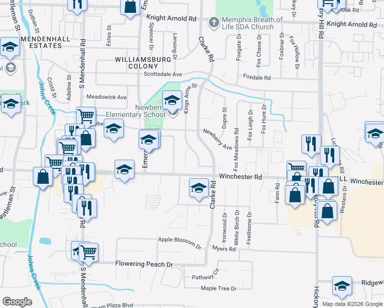 map of restaurants, bars, coffee shops, grocery stores, and more near 3551 Kings Arms Street in Memphis