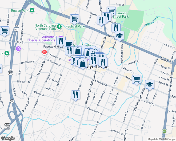 map of restaurants, bars, coffee shops, grocery stores, and more near 201 Franklin Street in Fayetteville