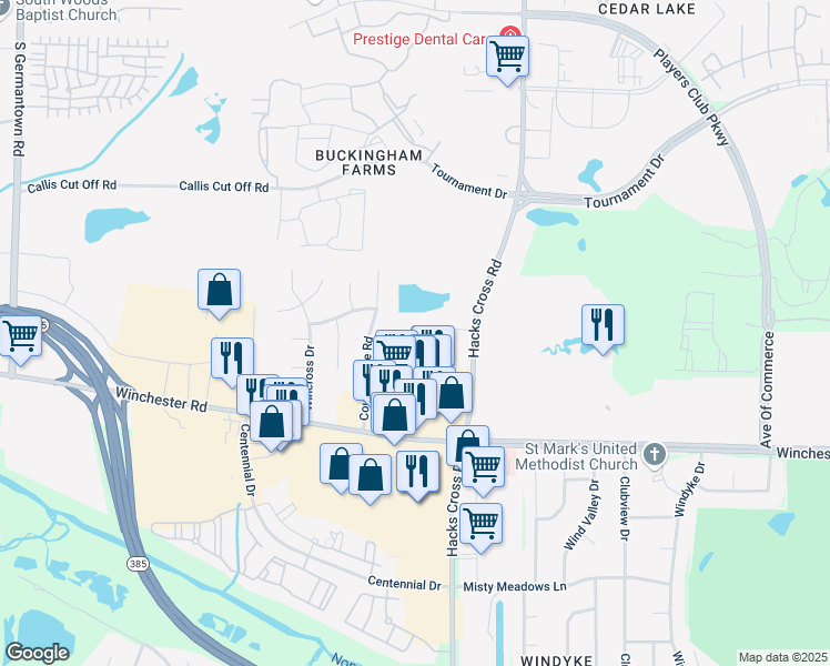 map of restaurants, bars, coffee shops, grocery stores, and more near 3575 Hacks Cross Road in Memphis