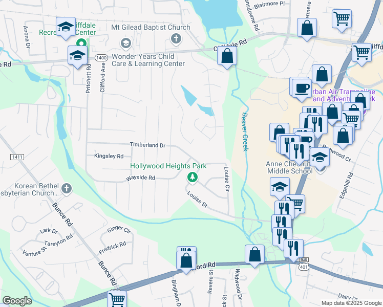 map of restaurants, bars, coffee shops, grocery stores, and more near 6170 Timberland Drive in Fayetteville