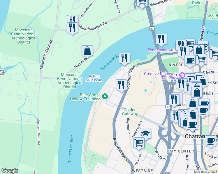 map of restaurants, bars, coffee shops, grocery stores, and more near 902 Spinnaker Way in Chattanooga
