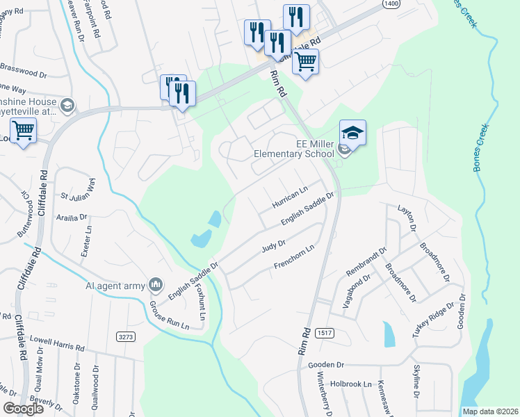 map of restaurants, bars, coffee shops, grocery stores, and more near 1315 Saltwell Place in Fayetteville