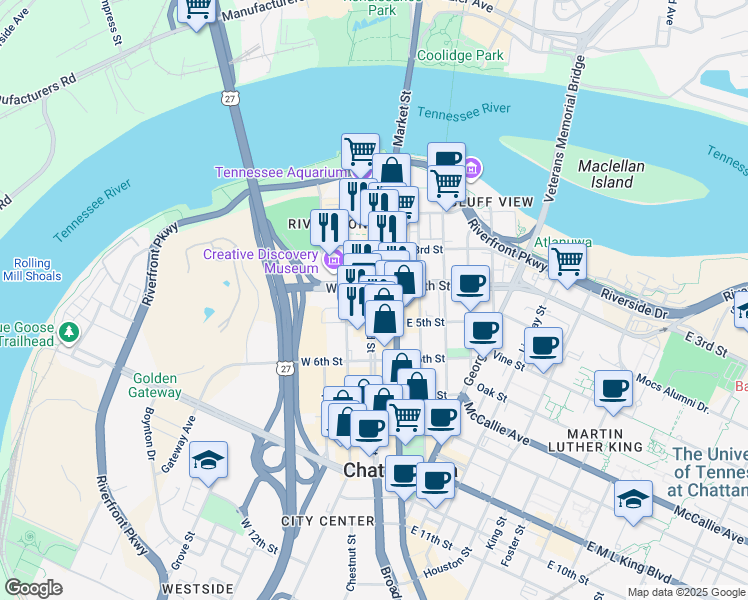 map of restaurants, bars, coffee shops, grocery stores, and more near 434 Broad Street in Chattanooga