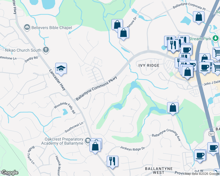 map of restaurants, bars, coffee shops, grocery stores, and more near 14410 Ballantyne Meadows Drive in Charlotte
