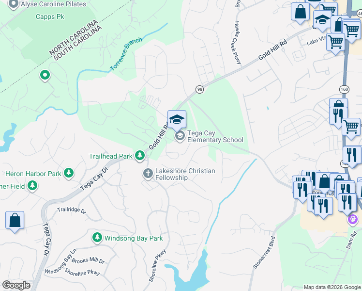 map of restaurants, bars, coffee shops, grocery stores, and more near 2151 Gold Hill Road in Fort Mill