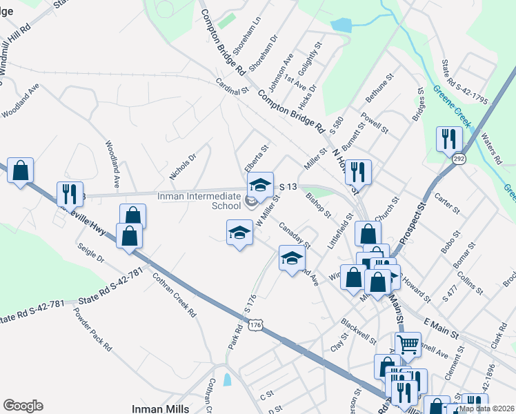 map of restaurants, bars, coffee shops, grocery stores, and more near 10 West Miller Street in Inman