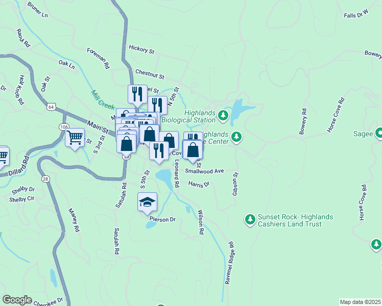 map of restaurants, bars, coffee shops, grocery stores, and more near 500 Main Street in Highlands