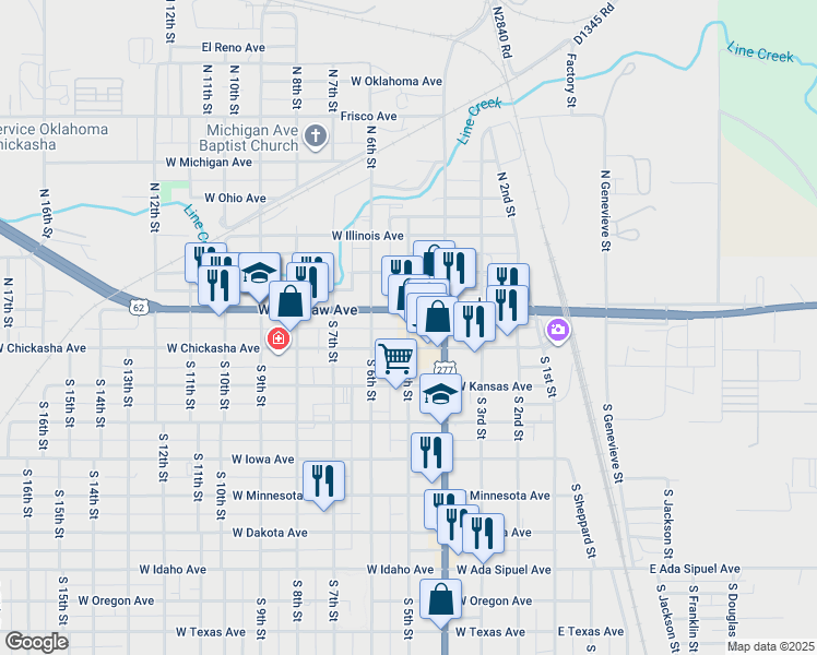 map of restaurants, bars, coffee shops, grocery stores, and more near 124 North 5th Street in Chickasha