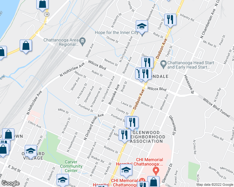 map of restaurants, bars, coffee shops, grocery stores, and more near 2004 Wilson Street in Chattanooga