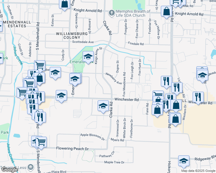 map of restaurants, bars, coffee shops, grocery stores, and more near 3545 Clarke Road in Memphis