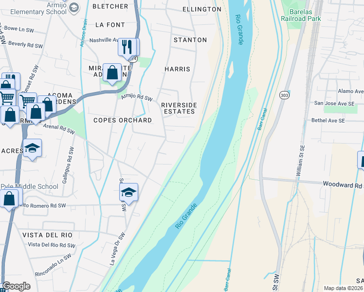 map of restaurants, bars, coffee shops, grocery stores, and more near 726 Garden Road Southwest in Albuquerque