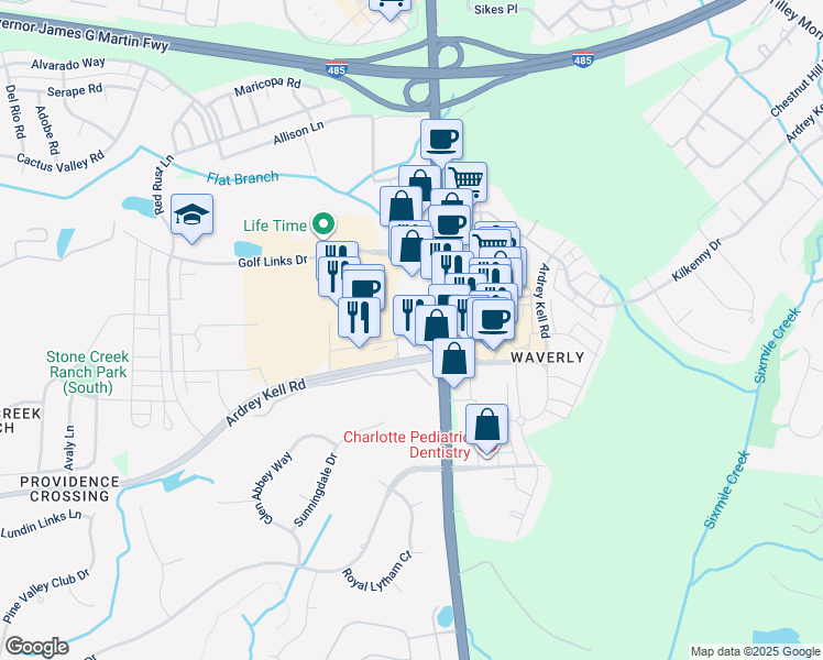 map of restaurants, bars, coffee shops, grocery stores, and more near 11530 Providence Road in Charlotte