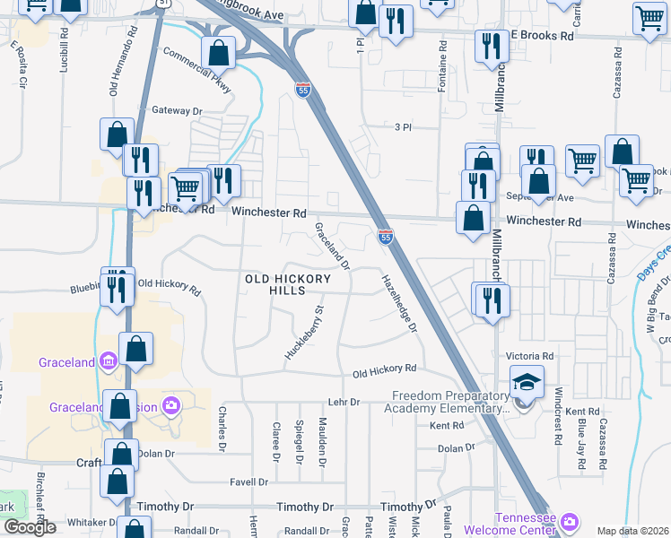 map of restaurants, bars, coffee shops, grocery stores, and more near 3532 Acacia Street in Memphis