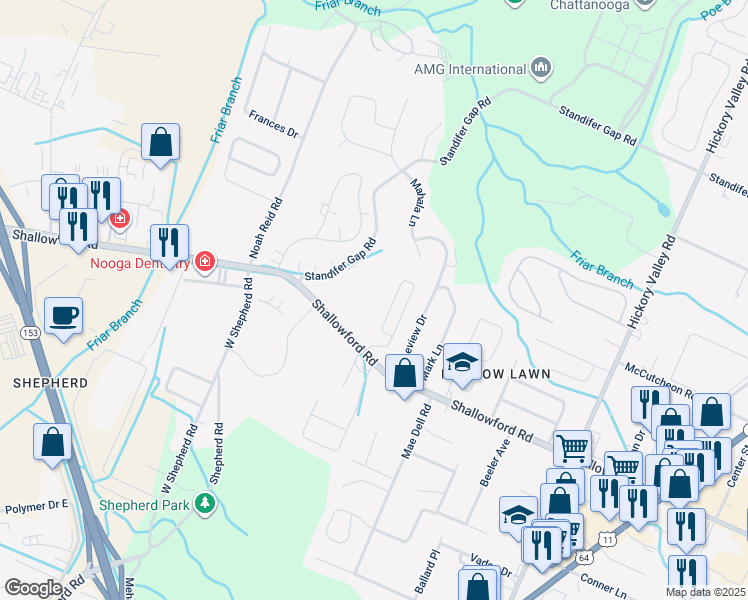 map of restaurants, bars, coffee shops, grocery stores, and more near 6401 Shallowford Road in Chattanooga