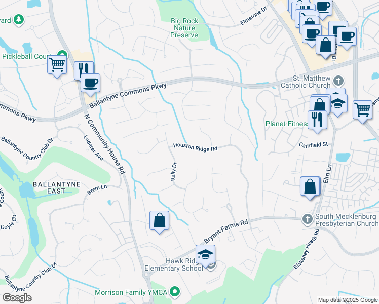 map of restaurants, bars, coffee shops, grocery stores, and more near 8300 Houston Ridge Road in Charlotte