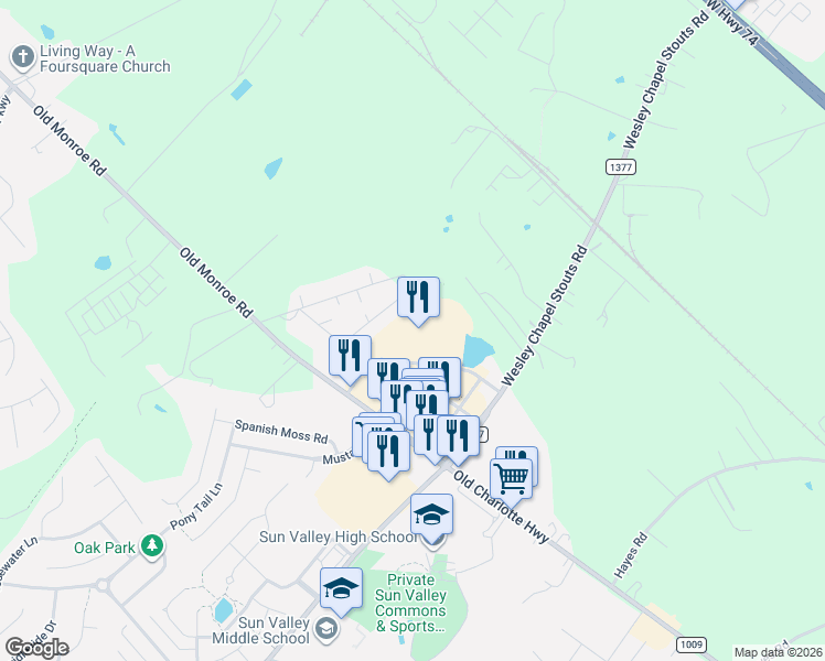 map of restaurants, bars, coffee shops, grocery stores, and more near 6449 Old Monroe Road in Indian Trail