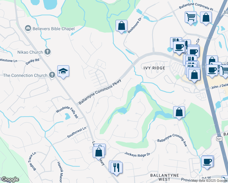 map of restaurants, bars, coffee shops, grocery stores, and more near 14419 Ballantyne Meadows Drive in Charlotte
