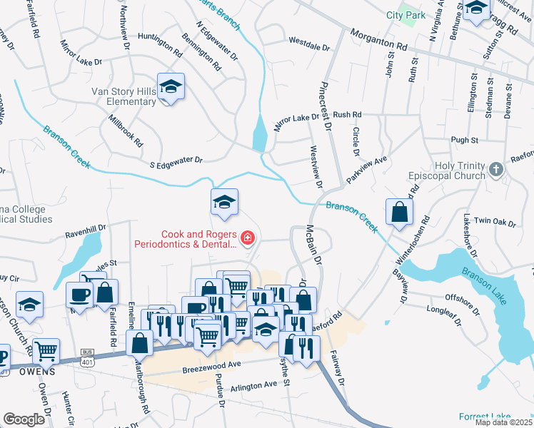 map of restaurants, bars, coffee shops, grocery stores, and more near 591 Winding Creek Road in Fayetteville