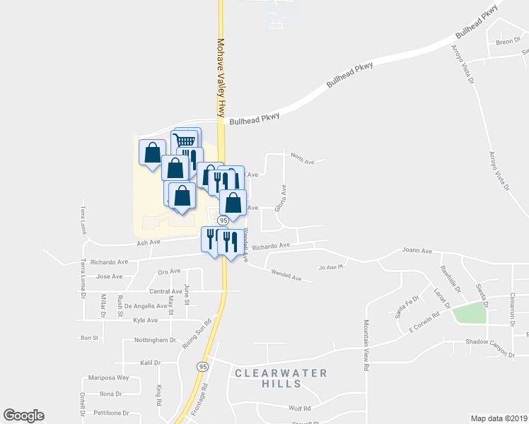 map of restaurants, bars, coffee shops, grocery stores, and more near 3614 Gem Street in Bullhead City