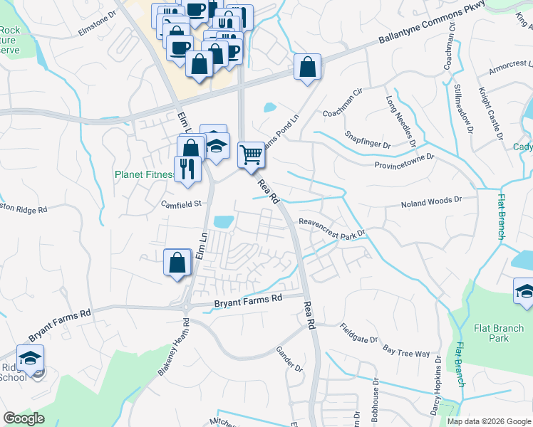 map of restaurants, bars, coffee shops, grocery stores, and more near 8525 Bella Reese Road in Charlotte