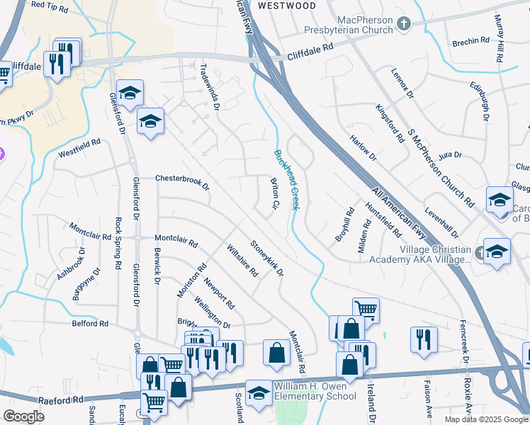 map of restaurants, bars, coffee shops, grocery stores, and more near 4401 Briton Circle in Fayetteville
