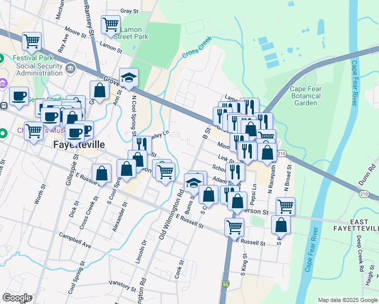 map of restaurants, bars, coffee shops, grocery stores, and more near 433 School Street in Fayetteville