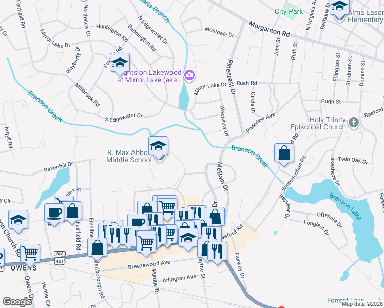 map of restaurants, bars, coffee shops, grocery stores, and more near 591 Winding Creek Road in Fayetteville