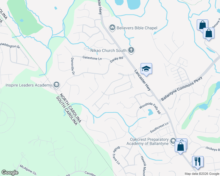 map of restaurants, bars, coffee shops, grocery stores, and more near 12407 Buxton Drive in Pineville