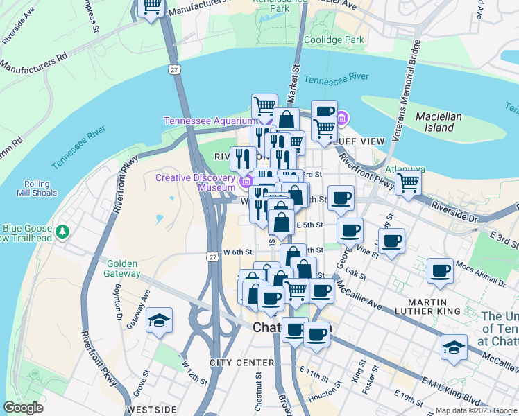 map of restaurants, bars, coffee shops, grocery stores, and more near 400 Chestnut Street in Chattanooga