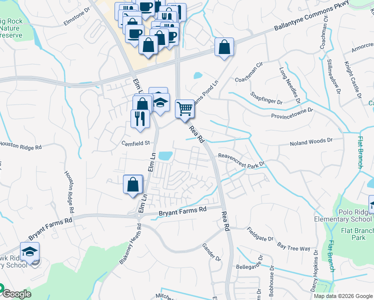 map of restaurants, bars, coffee shops, grocery stores, and more near 4325 Red Blossom Way in Charlotte