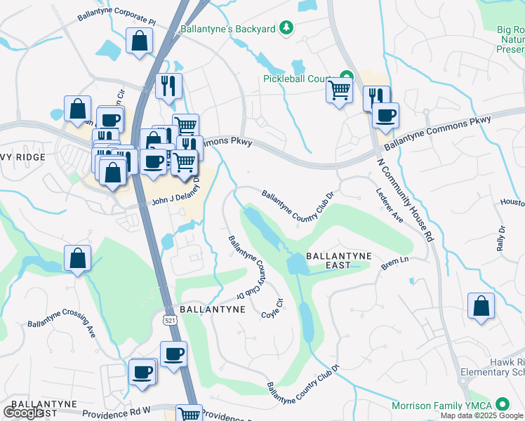 map of restaurants, bars, coffee shops, grocery stores, and more near 14311 Ballantyne Country Club Drive in Charlotte