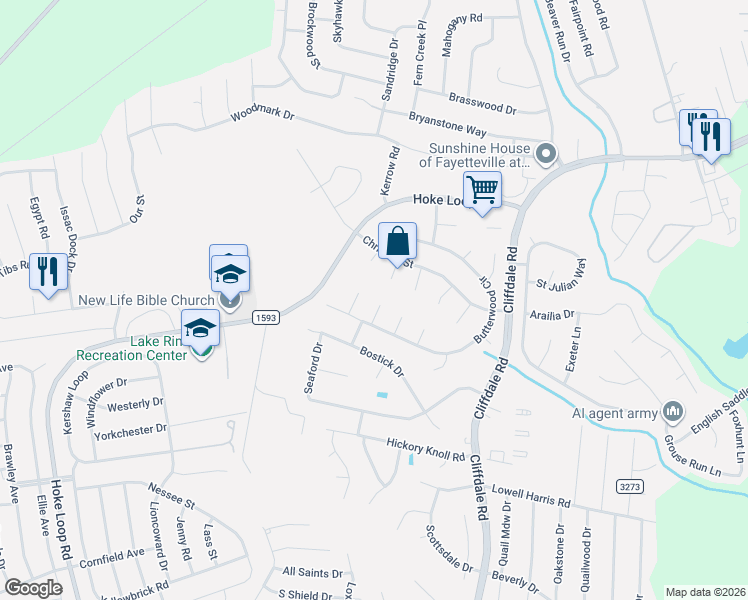 map of restaurants, bars, coffee shops, grocery stores, and more near 7904 Judah Court in Fayetteville