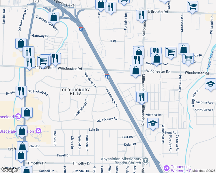 map of restaurants, bars, coffee shops, grocery stores, and more near 3556 Hazelhedge Drive in Memphis