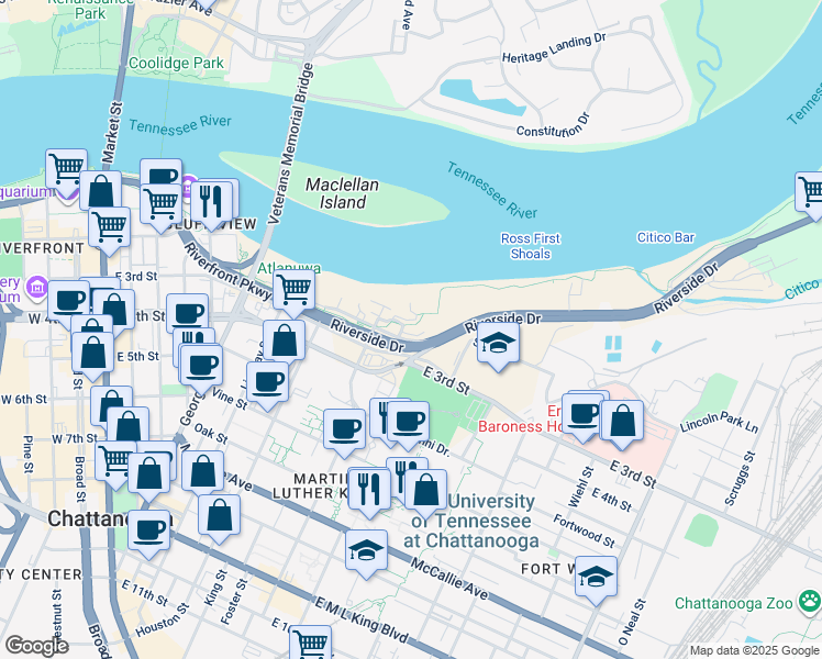 map of restaurants, bars, coffee shops, grocery stores, and more near 110 Douglas Street in Chattanooga