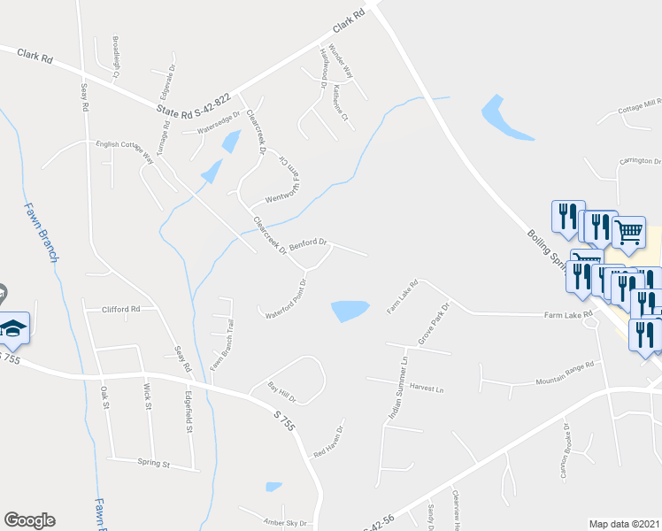 map of restaurants, bars, coffee shops, grocery stores, and more near 210 Clearcreek Drive in Boiling Springs