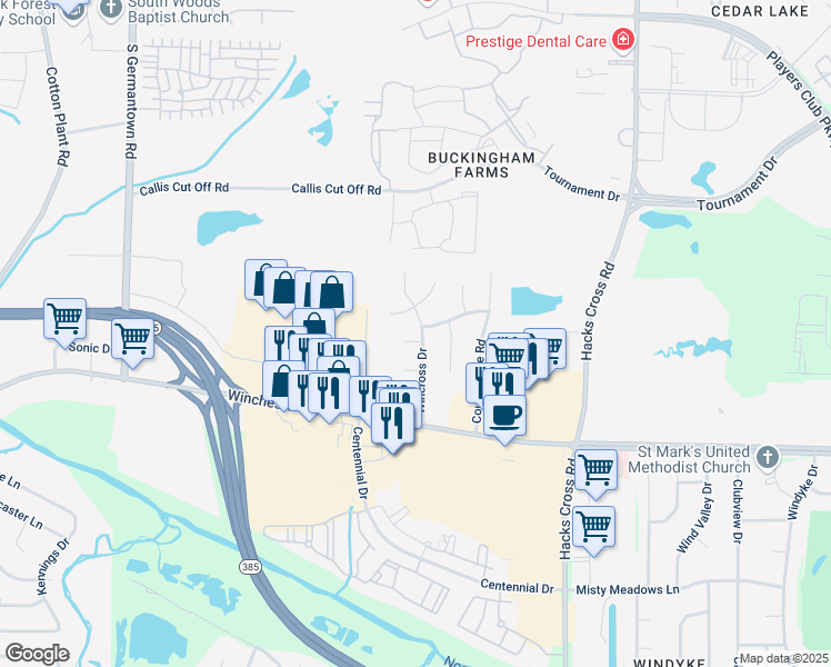 map of restaurants, bars, coffee shops, grocery stores, and more near 7838 Gateway Inlet in Memphis