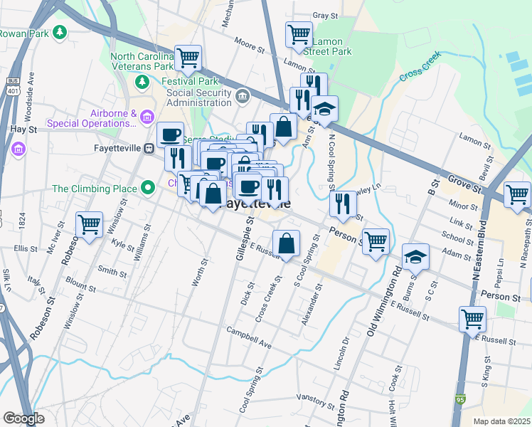 map of restaurants, bars, coffee shops, grocery stores, and more near 116 Person St in Fayetteville