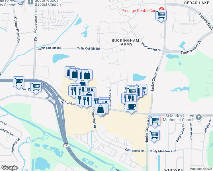 map of restaurants, bars, coffee shops, grocery stores, and more near 7838 Gateway Inlet in Memphis