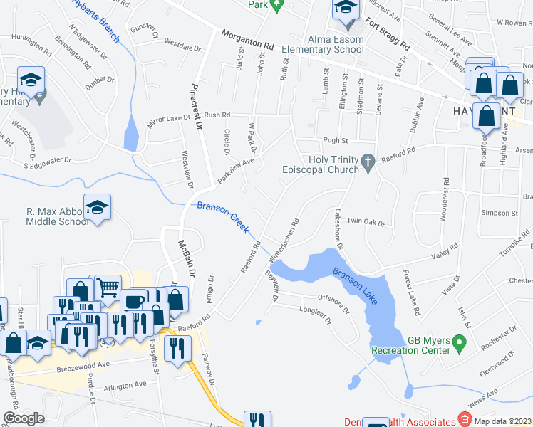 map of restaurants, bars, coffee shops, grocery stores, and more near 425 Southampton Court in Fayetteville