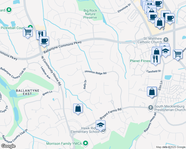 map of restaurants, bars, coffee shops, grocery stores, and more near 8300 Houston Ridge Road in Charlotte
