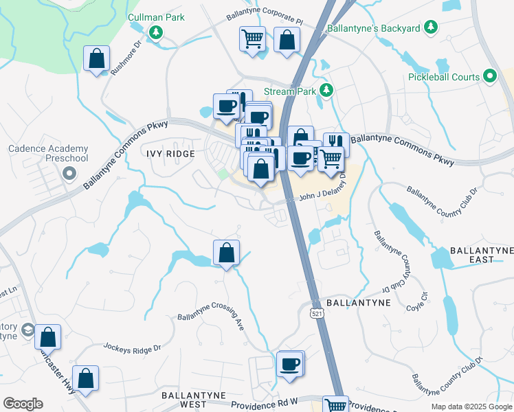 map of restaurants, bars, coffee shops, grocery stores, and more near 15025 Santa Lucia Drive in Charlotte