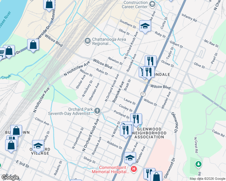 map of restaurants, bars, coffee shops, grocery stores, and more near 1212 North Orchard Knob Avenue in Chattanooga
