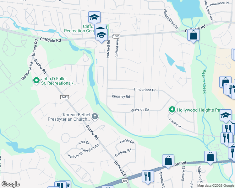 map of restaurants, bars, coffee shops, grocery stores, and more near 1042 Kingsley Rd in Fayetteville