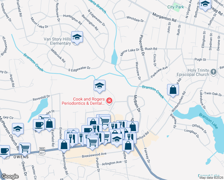 map of restaurants, bars, coffee shops, grocery stores, and more near 573 Winding Creek Road in Fayetteville
