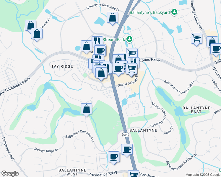 map of restaurants, bars, coffee shops, grocery stores, and more near 14940 John J Delaney Drive in Charlotte