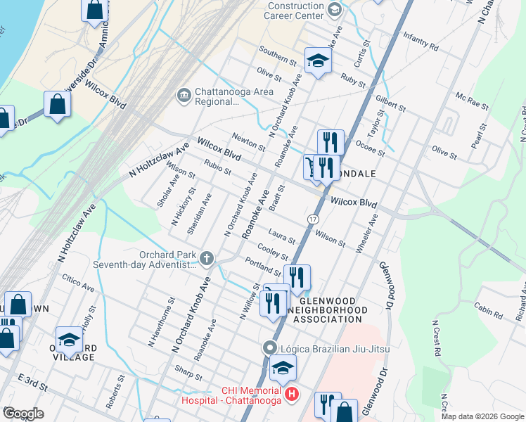 map of restaurants, bars, coffee shops, grocery stores, and more near 2004b Wilson Street in Chattanooga