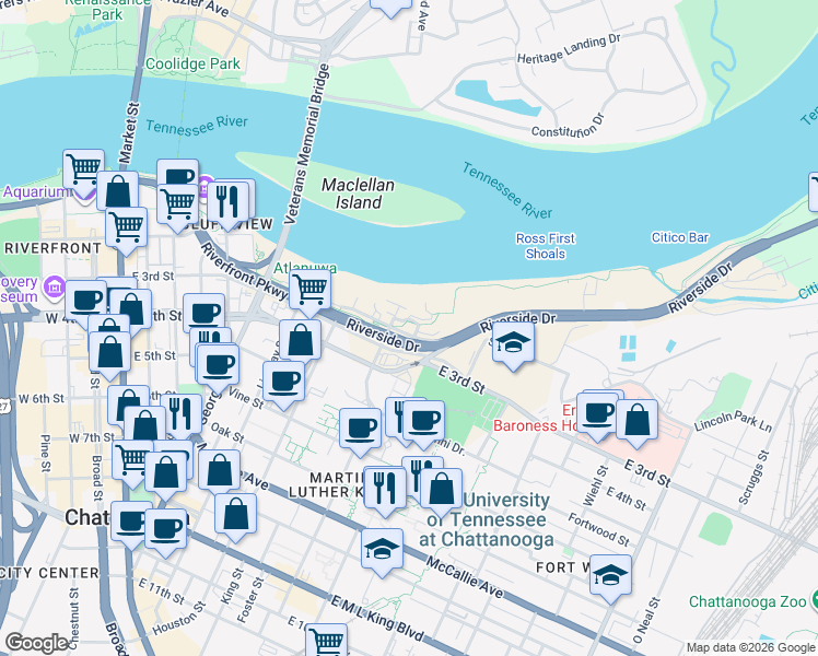 map of restaurants, bars, coffee shops, grocery stores, and more near 737 Battery Place in Chattanooga